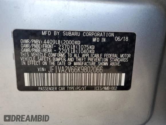 2019 Subaru WRX STI Limited with VIN JF1VA2V66K9802066, listed as a Copart auction lot 82189334 with 46,799 mi miles and Salvage title. Bid and sale history available at DreamBid. Image 12.