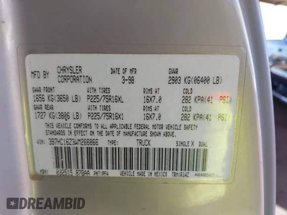 1998 Dodge 1500 с VIN 3B7HC16Z3WM266866, выставлен на аукционе IAAI как лот 43207660 с пробегом Не указан миль и . История ставок и продаж доступна на DreamBid. Изображение 9.