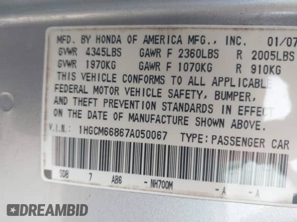 2007 Honda Accord EX-L с VIN 1HGCM66867A050067, выставлен на аукционе IAAI как лот 43321311 с пробегом 139 370 миль миль и . История ставок и продаж доступна на DreamBid. Изображение 9.