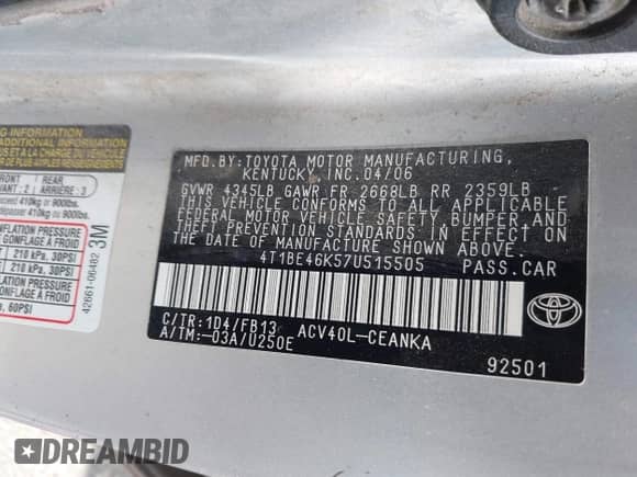 2007 Toyota Camry CE с VIN 4T1BE46K57U515505, выставлен на аукционе IAAI как лот 43101780 с пробегом 215 888 миль миль и . История ставок и продаж доступна на DreamBid. Изображение 9.