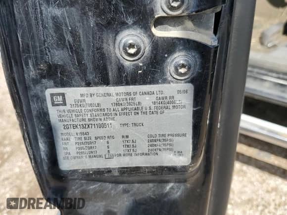 2007 GMC Sierra 1500 SLT with VIN 2GTEK13ZX71100511, listed as a Copart auction lot 63846735 with Not provided miles and Salvage title. Bid and sale history available at DreamBid. Image 12.