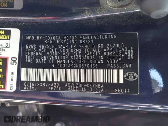 2022 Toyota Camry Hybrid LE with VIN 4T1C31AK2NU570166, listed as a IAAI auction lot 42453372 with Not provided miles and . Bid and sale history available at DreamBid. Image 9.