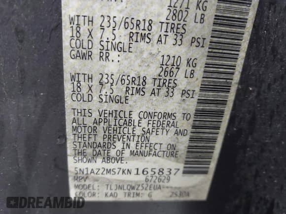 2019 Nissan Murano SL with VIN 5N1AZ2MS7KN165837, listed as a IAAI auction lot 41293892 with 88,895 mi miles and . Bid and sale history available at DreamBid. Image 9.