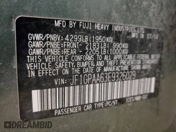 2014 Subaru Impreza 2.0i with VIN JF1GPAA63E9326029, listed as a Copart auction lot 48245185 with 108,400 mi miles and Salvage title. Bid and sale history available at DreamBid. Image 13.