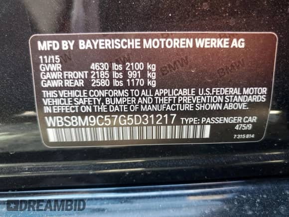 2016 BMW M3 с VIN WBS8M9C57G5D31217, выставлен на аукционе Copart как лот 56387555 с пробегом Не указан миль и Списание • Salvage title. История ставок и продаж доступна на DreamBid. Изображение 12.