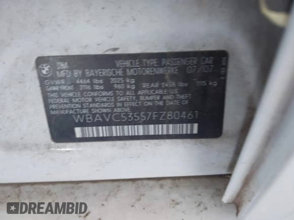 2007 BMW 3 Series 328i z VIN WBAVC53557FZ80461, wystawiony jako IAAI lot #43567151 z przebiegiem Nie podano mil oraz . Historia ofert i sprzedaży dostępna na DreamBid. Obrazek 9.