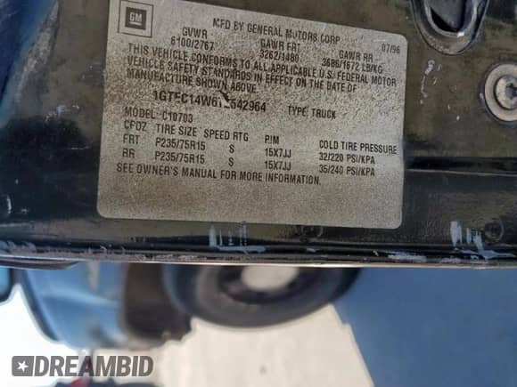 1996 GMC Sierra 1500 с VIN 1GTEC14W6TZ542964, выставлен на аукционе Copart как лот 45765975 с пробегом 2 986 092 миль миль и Чистый • Clean title. История ставок и продаж доступна на DreamBid. Изображение 12.