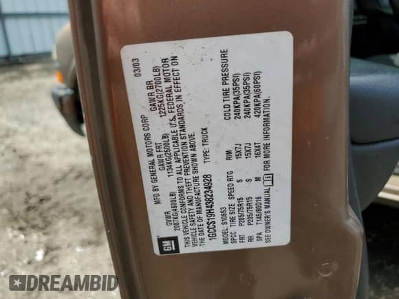 2003 Chevrolet S-10 с VIN 1GCCS19H738285498, выставлен на аукционе Copart как лот 66815274 с пробегом 148 809 миль миль и Списание • Salvage title. История ставок и продаж доступна на DreamBid. Изображение 12.