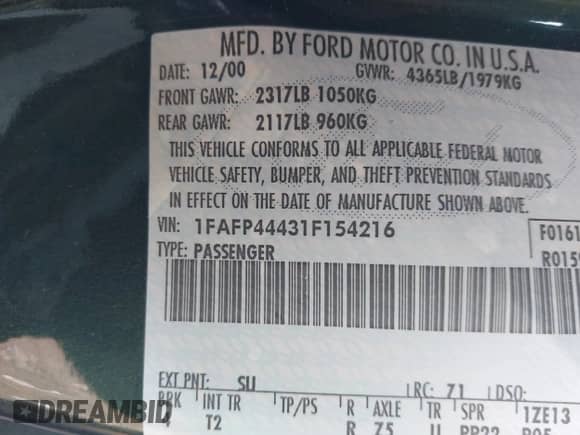 2001 Ford Mustang Deluxe with VIN 1FAFP44431F154216, listed as a IAAI auction lot 43208544 with Not provided miles and . Bid and sale history available at DreamBid. Image 9.