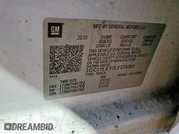 2020 Chevrolet Silverado 2500HD Work Truck z VIN 1GC1YLEY7LF175361, wystawiony jako Copart lot #83832425 z przebiegiem 154 379 mil mil oraz Szkoda całkowita • Salvage title. Historia ofert i sprzedaży dostępna na DreamBid. Obrazek 12.