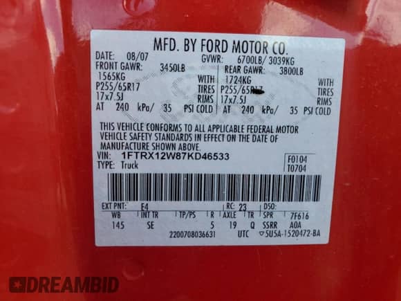 2007 Ford F-150 STX with VIN 1FTRX12W87KD46533, listed as a Copart auction lot 84247045 with 125,004 mi miles and Salvage title. Bid and sale history available at DreamBid. Image 12.