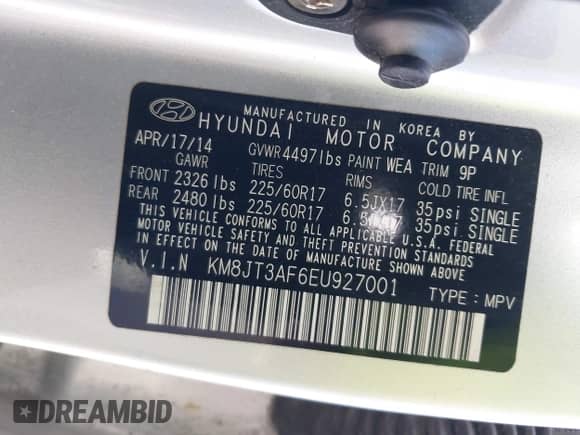 2014 Hyundai Tucson GLS with VIN KM8JT3AF6EU927001, listed as a IAAI auction lot 43284469 with 143,930 mi miles and . Bid and sale history available at DreamBid. Image 9.