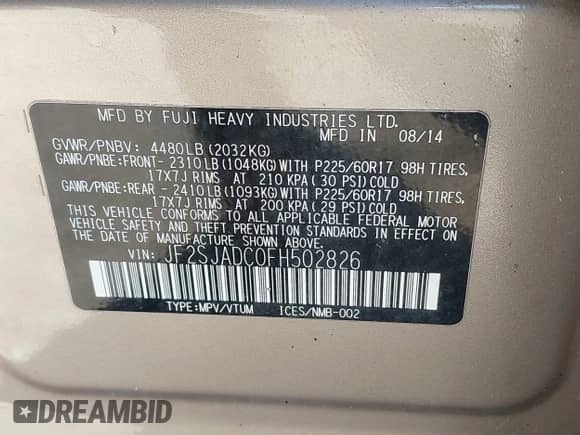 2015 Subaru Forester Premium z VIN JF2SJADC0FH502826, wystawiony jako IAAI lot #43455906 z przebiegiem 109 148 mil mil oraz . Historia ofert i sprzedaży dostępna na DreamBid. Obrazek 9.