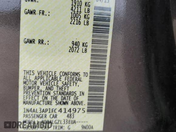 2015 Nissan Altima SV с VIN 1N4AL3AP1FC414975, выставлен на аукционе Copart как лот 69459135 с пробегом 135 300 миль миль и Списание • Salvage title. История ставок и продаж доступна на DreamBid. Изображение 12.