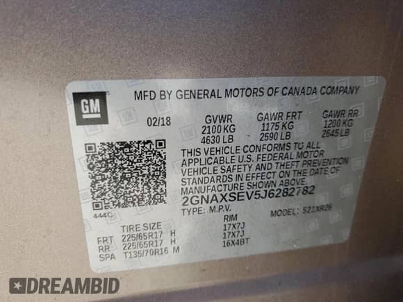 2018 Chevrolet Equinox LT z VIN 2GNAXSEV5J6282782, wystawiony jako Copart lot #80261075 z przebiegiem 100 760 mil mil oraz Szkoda całkowita • Salvage title. Historia ofert i sprzedaży dostępna na DreamBid. Obrazek 14.