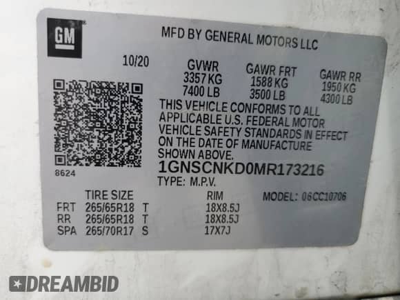 2021 Chevrolet Tahoe LT с VIN 1GNSCNKD0MR173216, выставлен на аукционе Copart как лот 44715145 с пробегом 123 269 миль миль и Списание • Salvage title. История ставок и продаж доступна на DreamBid. Изображение 13.