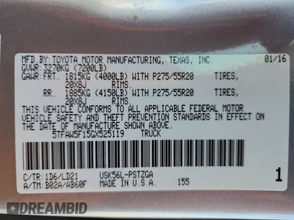 2016 Toyota Tundra 1794 Edition z VIN 5TFAW5F15GX525119, wystawiony jako Copart lot #81858065 z przebiegiem 55 097 mil mil oraz Szkoda całkowita • Salvage title. Historia ofert i sprzedaży dostępna na DreamBid. Obrazek 12.