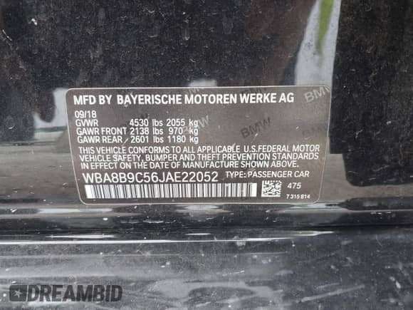 2018 BMW 3 Series 330i with VIN WBA8B9C56JAE22052, listed as a IAAI auction lot 42281541 with 46,225 mi miles and . Bid and sale history available at DreamBid. Image 9.