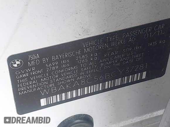 2011 BMW 7 Series 750i with VIN WBAKA8C56BCY37281, listed as a IAAI auction lot 42637801 with 122,263 mi miles and . Bid and sale history available at DreamBid. Image 9.