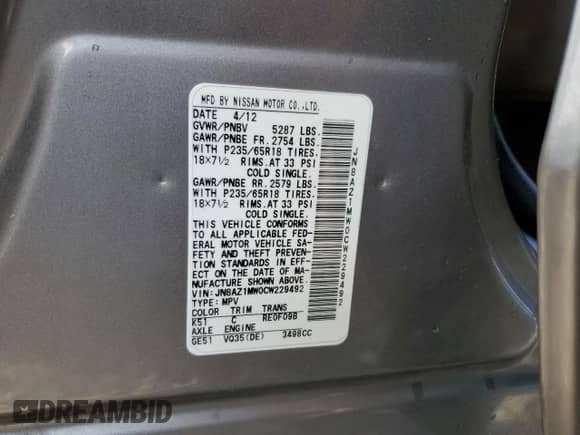 2012 Nissan Murano SL with VIN JN8AZ1MW0CW229492, listed as a Copart auction lot 71694495 with 188,065 mi miles and Clean title. Bid and sale history available at DreamBid. Image 13.