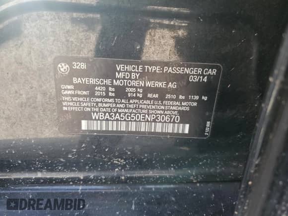 2014 BMW 3 Series 328i с VIN WBA3A5G50ENP30670, выставлен на аукционе Copart как лот 81692065 с пробегом Не указан миль и Списание • Salvage title. История ставок и продаж доступна на DreamBid. Изображение 12.