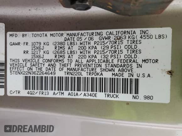 2006 Toyota Tacoma z VIN 5TENX22N36Z264649, wystawiony jako Copart lot #87073915 z przebiegiem 114 918 mil mil oraz Szkoda całkowita • Salvage title. Historia ofert i sprzedaży dostępna na DreamBid. Obrazek 12.