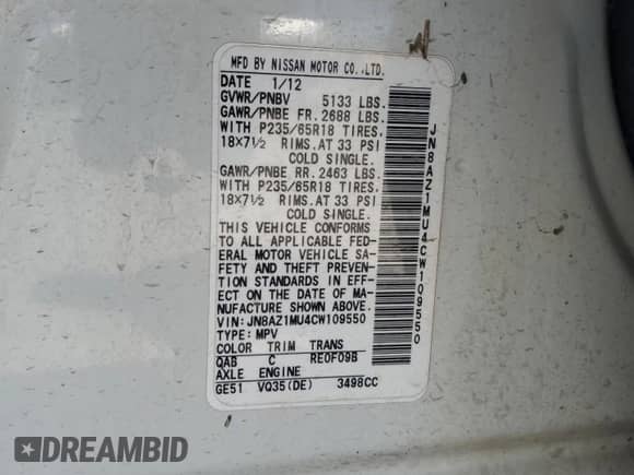 2012 Nissan Murano LE с VIN JN8AZ1MU4CW109550, выставлен на аукционе Copart как лот 57851145 с пробегом Не указан миль и Чистый • Clean title. История ставок и продаж доступна на DreamBid. Изображение 13.