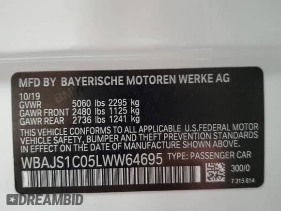 2020 BMW 5 Series 540i with VIN WBAJS1C05LWW64695, listed as a Copart auction lot 67607015 with 58,647 mi miles and Salvage title. Bid and sale history available at DreamBid. Image 12.