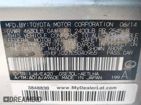 2014 Lexus IS 250 z VIN JTHBF1D27E5040965, wystawiony jako IAAI lot #42858757 z przebiegiem 99 494 mil mil oraz . Historia ofert i sprzedaży dostępna na DreamBid. Obrazek 9.