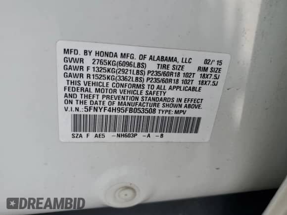 2015 Honda Pilot Touring z VIN 5FNYF4H95FB053508, wystawiony jako Copart lot #68702885 z przebiegiem 157 371 mil mil oraz Czysty tytuł • Clean title. Historia ofert i sprzedaży dostępna na DreamBid. Obrazek 13.