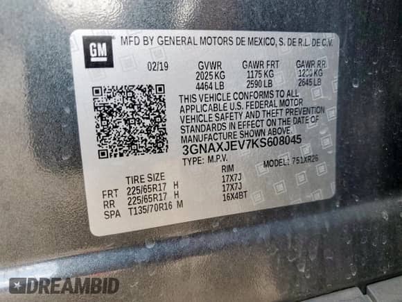 2019 Chevrolet Equinox LT с VIN 3GNAXJEV7KS608045, выставлен на аукционе Copart как лот 85374175 с пробегом 104 094 миль миль и Списание • Salvage title. История ставок и продаж доступна на DreamBid. Изображение 12.