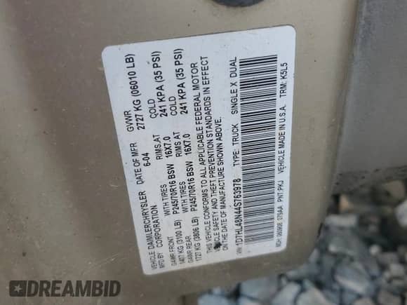 2004 Dodge Dakota SLT with VIN 1D7HL48N44S763978, listed as a Copart auction lot 81034365 with Not provided miles and Salvage title. Bid and sale history available at DreamBid. Image 12.