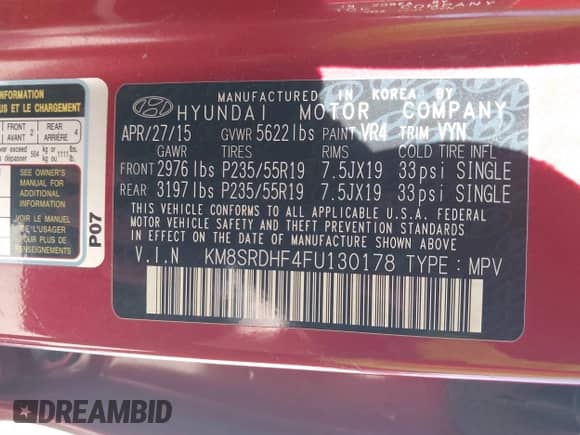 2015 Hyundai Santa Fe GLS с VIN KM8SRDHF4FU130178, выставлен на аукционе IAAI как лот 41868322 с пробегом 151 925 миль миль и . История ставок и продаж доступна на DreamBid. Изображение 9.