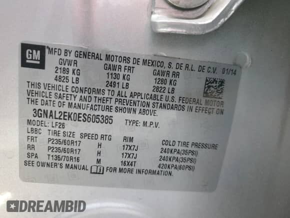 2014 Chevrolet Captiva Sport LS с VIN 3GNAL2EK0ES605385, выставлен на аукционе Copart как лот 79146574 с пробегом Не указан миль и На запчасти • Non repairable. История ставок и продаж доступна на DreamBid. Изображение 13.