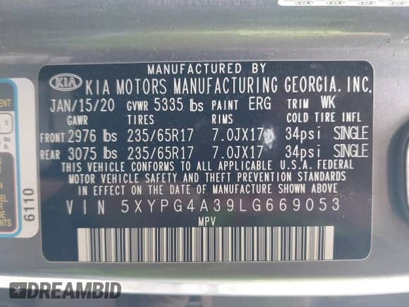 2020 Kia Sorento LX with VIN 5XYPG4A39LG669053, listed as a IAAI auction lot 42371689 with 58,952 mi miles and . Bid and sale history available at DreamBid. Image 9.