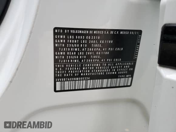 2022 Volkswagen Tiguan SE R-Line Black с VIN 3VV8B7AX9NM005334, выставлен на аукционе Copart как лот 68925535 с пробегом 55 042 миль миль и Чистый • Clean title. История ставок и продаж доступна на DreamBid. Изображение 13.