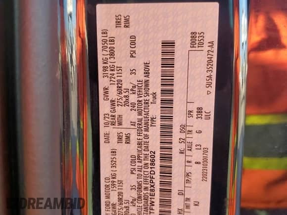 2023 Ford F-150 XL with VIN 1FTFW1E8XPFD18602, listed as a Copart auction lot 66561965 with 53,189 mi miles and Salvage title. Bid and sale history available at DreamBid. Image 12.