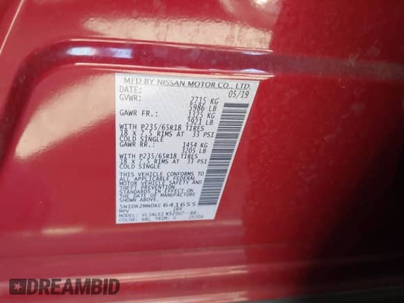 2019 Nissan Pathfinder SL with VIN 5N1DR2MN0KC641655, listed as a IAAI auction lot 41241625 with 95,545 mi miles and . Bid and sale history available at DreamBid. Image 9.