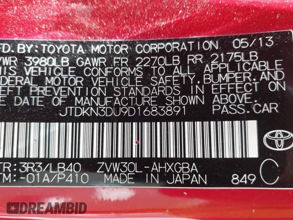 2013 Toyota Prius One z VIN JTDKN3DU9D1683891, wystawiony jako IAAI lot #42458187 z przebiegiem 284 914 mil mil oraz . Historia ofert i sprzedaży dostępna na DreamBid. Obrazek 9.