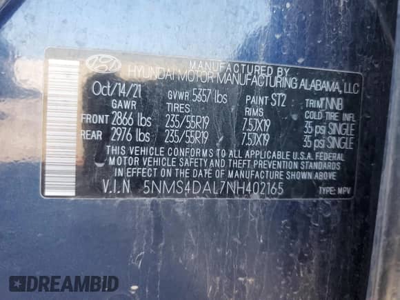 2022 Hyundai Santa Fe Limited с VIN 5NMS4DAL7NH402165, выставлен на аукционе Copart как лот 71127325 с пробегом 58 231 миль миль и Списание • Salvage title. История ставок и продаж доступна на DreamBid. Изображение 14.