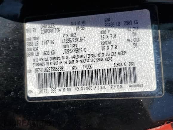 1996 Dodge 1500 with VIN 1B7HF16Z2TS559281, listed as a Copart auction lot 48522865 with 118,368 mi miles and Non repairable. Bid and sale history available at DreamBid. Image 12.