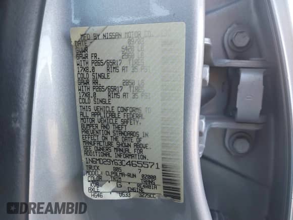 2003 Nissan Frontier SVE with VIN 1N6MD29Y63C465571, listed as a IAAI auction lot 41502613 with 175,996 mi miles and . Bid and sale history available at DreamBid. Image 9.