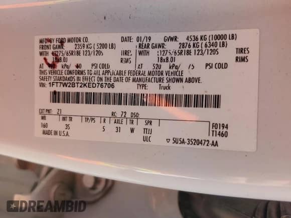 2019 Ford F-250 XL z VIN 1FT7W2BT2KED76706, wystawiony jako Copart lot #72085845 z przebiegiem 99 134 mil mil oraz Szkoda całkowita • Salvage title. Historia ofert i sprzedaży dostępna na DreamBid. Obrazek 12.