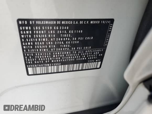 2024 Volkswagen Tiguan SE R-Line Black с VIN 3VVCB7AX7RM213552, выставлен на аукционе Copart как лот 67288845 с пробегом 11 389 миль миль и Списание • Salvage title. История ставок и продаж доступна на DreamBid. Изображение 13.