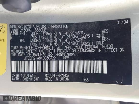 2004 Toyota Highlander с VIN JTEEP21A840030322, выставлен на аукционе IAAI как лот 42647909 с пробегом 251 454 миль миль и . История ставок и продаж доступна на DreamBid. Изображение 9.