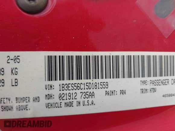 2005 Dodge Neon SXT z VIN 1B3ES56C15D181559, wystawiony jako IAAI lot #41845914 z przebiegiem 142 698 mil mil oraz . Historia ofert i sprzedaży dostępna na DreamBid. Obrazek 9.