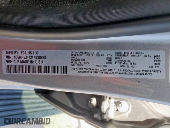2021 Ram 1500 Laramie with VIN 1C6RREJTXMN820928, listed as a Copart auction lot 66722895 with 89,016 mi miles and Salvage title. Bid and sale history available at DreamBid. Image 12.