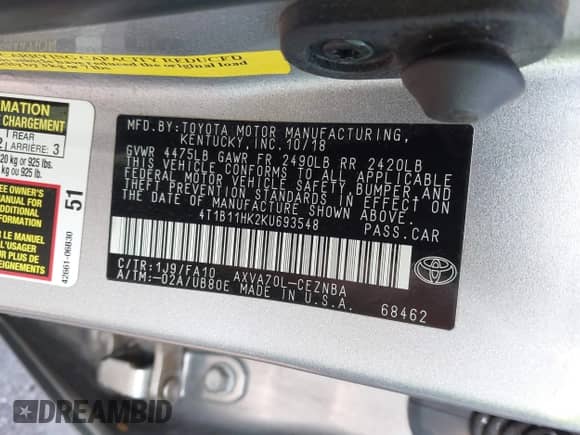 2019 Toyota Camry SE z VIN 4T1B11HK2KU693548, wystawiony jako IAAI lot #43352154 z przebiegiem 64 472 mil mil oraz . Historia ofert i sprzedaży dostępna na DreamBid. Obrazek 9.