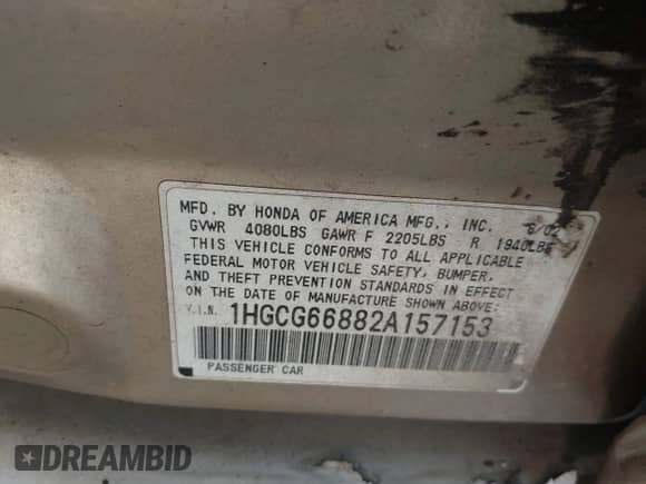 2002 Honda Accord SE z VIN 1HGCG66882A157153, wystawiony jako IAAI lot #43104861 z przebiegiem 354 279 mil mil oraz . Historia ofert i sprzedaży dostępna na DreamBid. Obrazek 9.