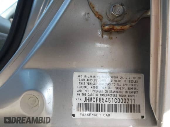 2001 Honda Accord with VIN JHMCF85451C000211, listed as a IAAI auction lot 41546999 with 149,363 mi miles and . Bid and sale history available at DreamBid. Image 9.